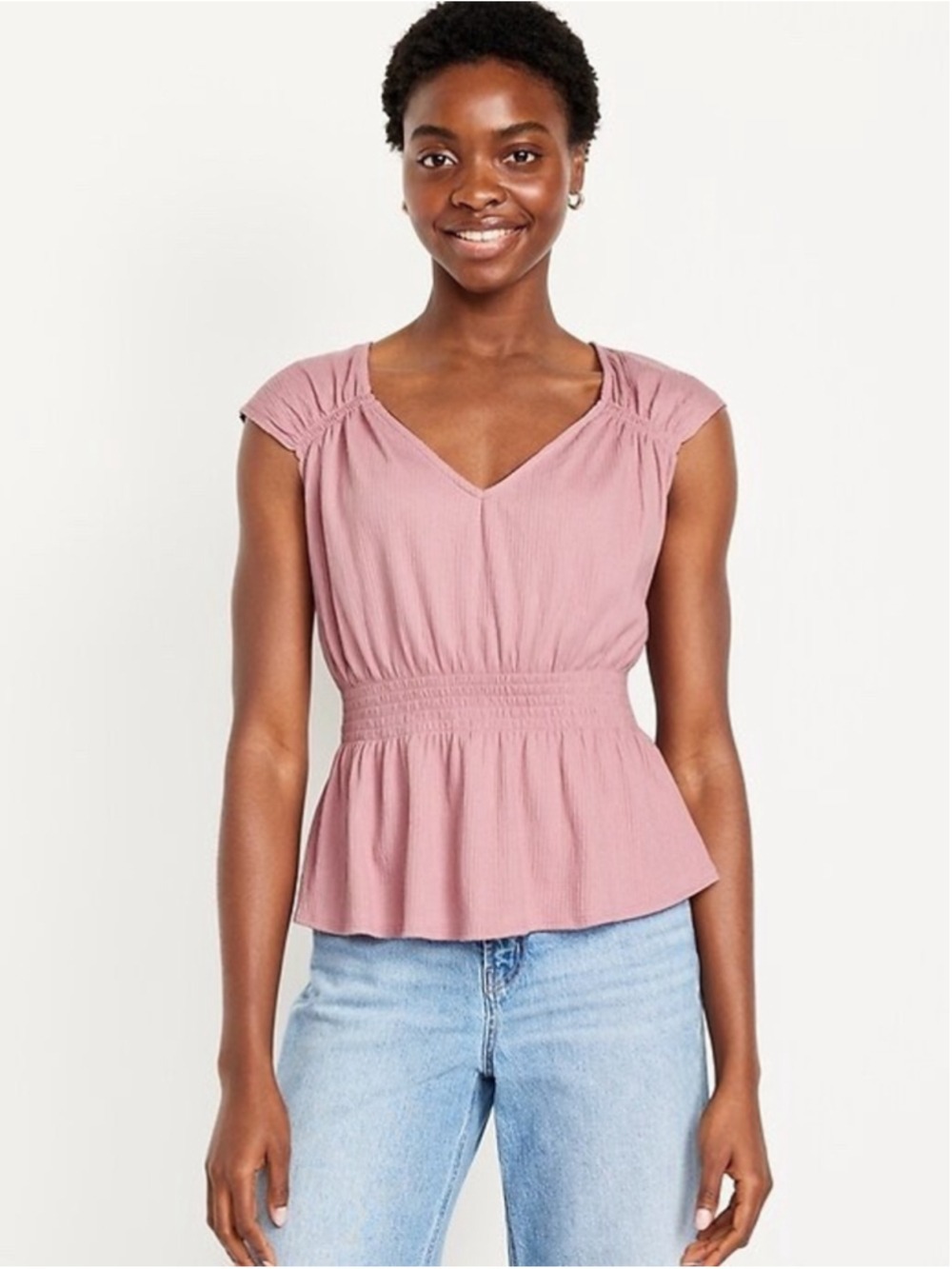 Old Navy Crinkle Smocked Waist Top Sweetheart Babydoll Preppy NWT Anise